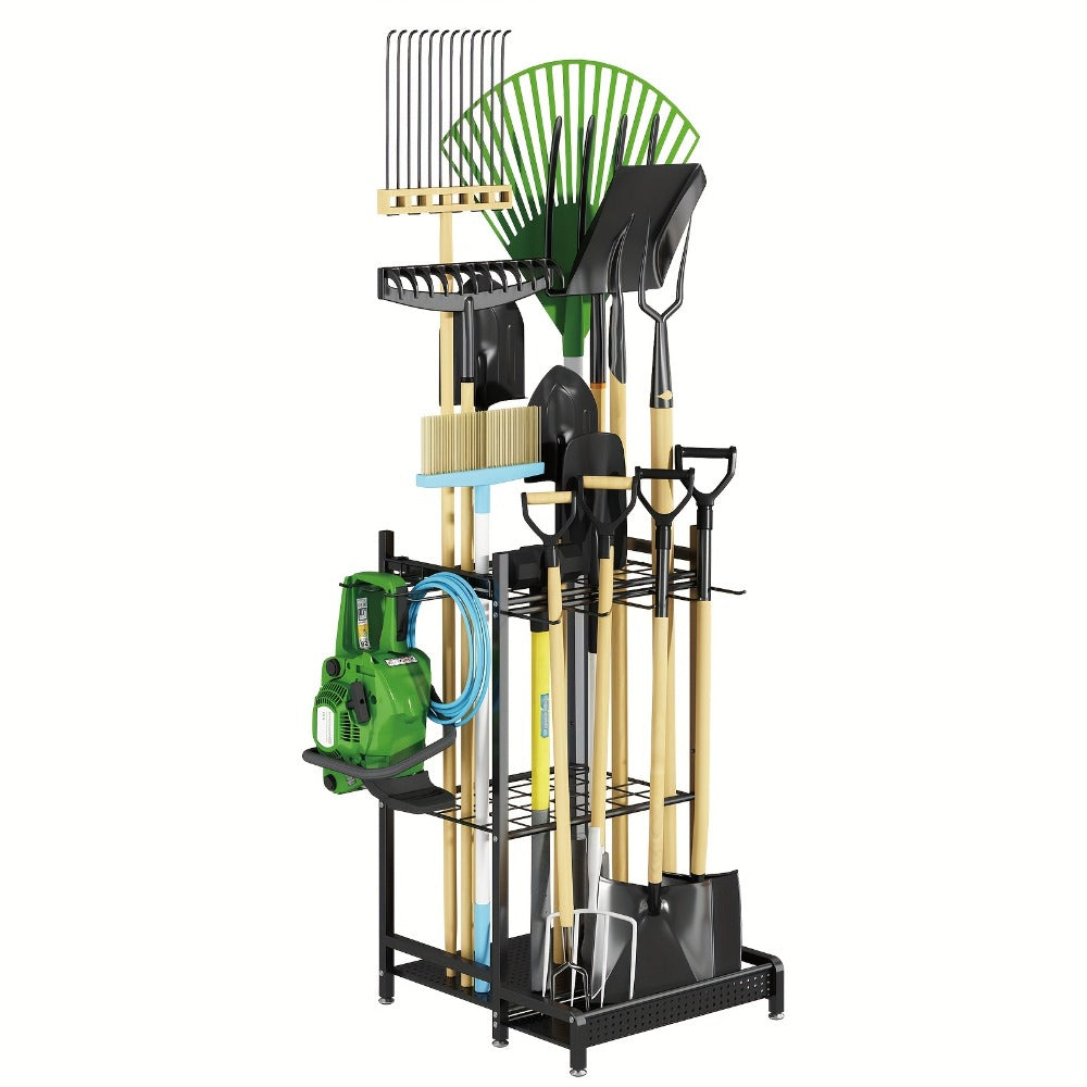 Garden Tool Organizer for Garage – Metal Yard Tool Storage Rack with Hooks & Wheels for Long-Handled Tools, Broom, Shovel, Rake, Mop – Heavy Duty Freestanding Tool Stand Holder, Bl - product image
