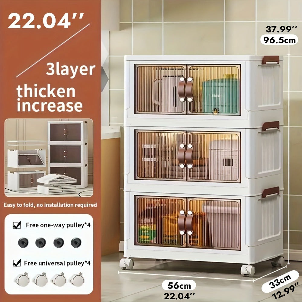 Plastic Storage Box with Wheels and Door Foldable - Large Capacity Rolling Storage Container with Layers for Bedroom, Kitchen, Living Room, Closet Organizer, 56CM Wide - product image