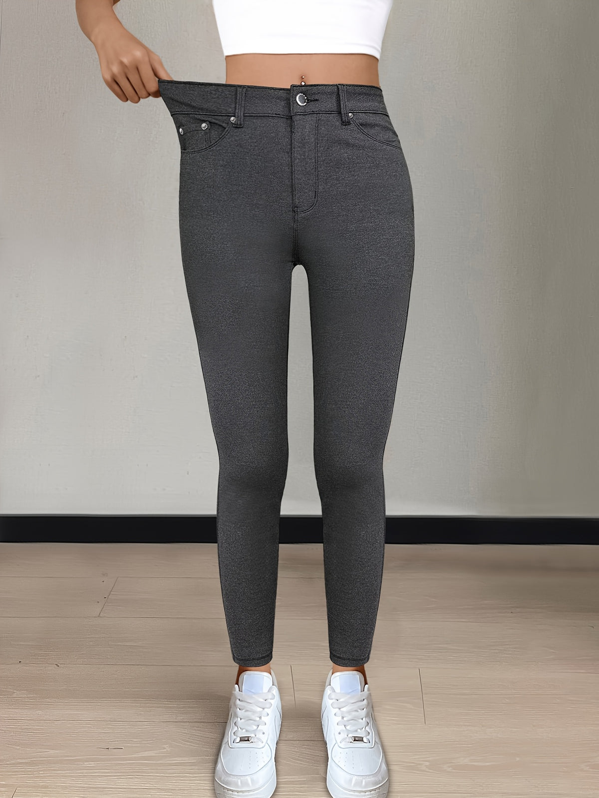 CY038 Full-Length Black High-Waist Skinny Jeans - Stretchy Fabric, Button Decor, Five Pockets, Long Style, Solid Color, Weekend Casual Streetwear - Ideal for - product image 28