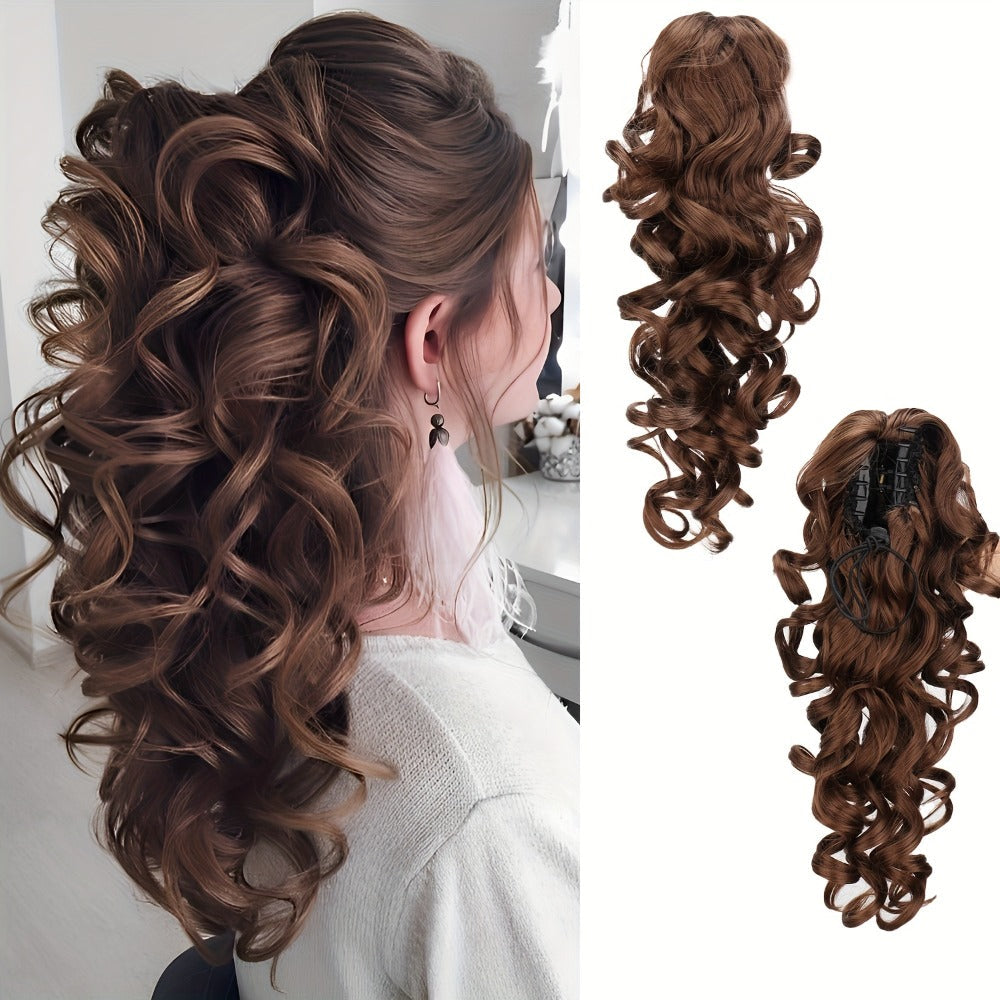 Scroll Curl Claw Clip Ponytail Extension Gradient Color 16 Inch | Synthetic Heat Resistant Hairpiece 5 Colors Linen Brown Golden Grey for Women Daily Wear & Special Occasions - product image 4