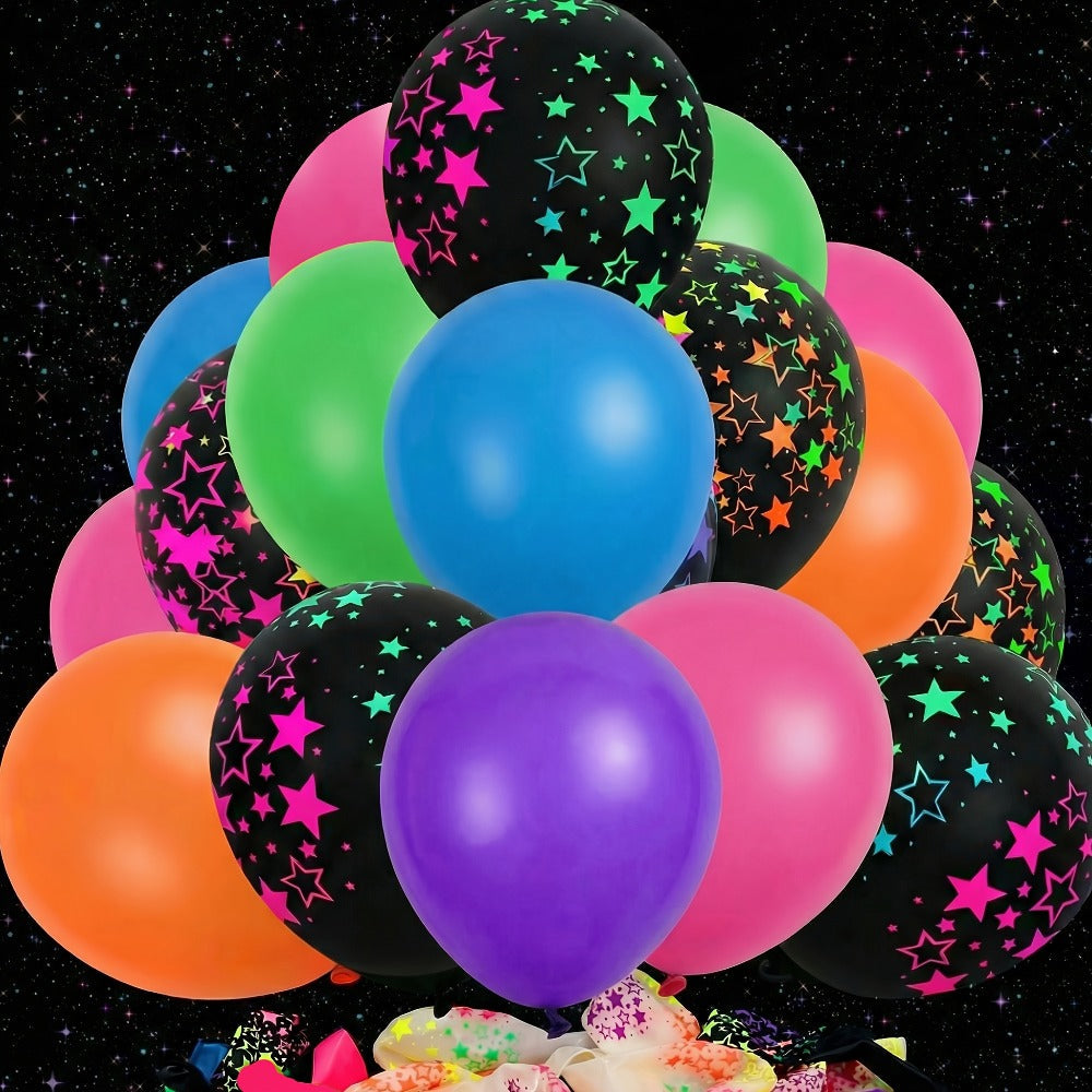 UV Neon Glow Balloons 42 Pcs Assorted | 12 Inch Blacklight Fluorescent Glow in the Dark Balloons with Neon Stars for Glow Party, Birthday, Wedding & Halloween Decorations
