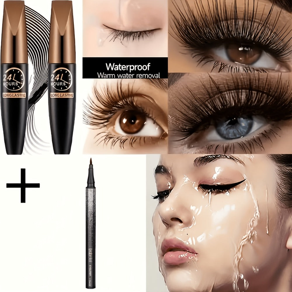 8D Fiber Mascara Set 2 Pcs Volumizing Lengthening Smudge-Proof Waterproof Long-Lasting Lash Extension Enhancer with Eyeliner Pencil Bold Black Eye Makeup Gift for Her - product image 3