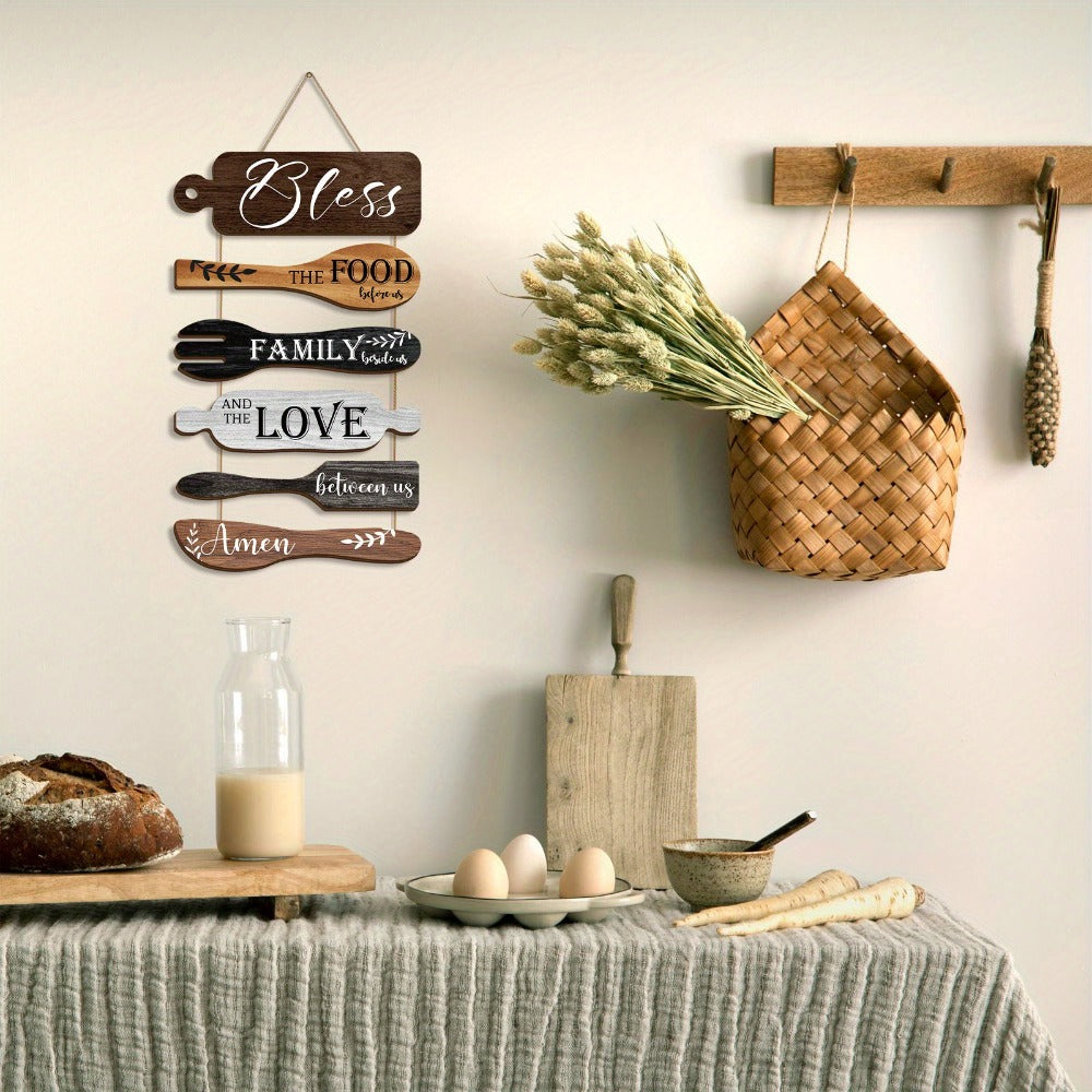 Farmhouse Wall Decor Wood Sign Set - "Bless The Food Before Us" Rustic Kitchen Dining Room Hanging Plaque, 6-Piece Rope Wood Board Art, Housewarming Thanksgiving Gift for Home - product image 9