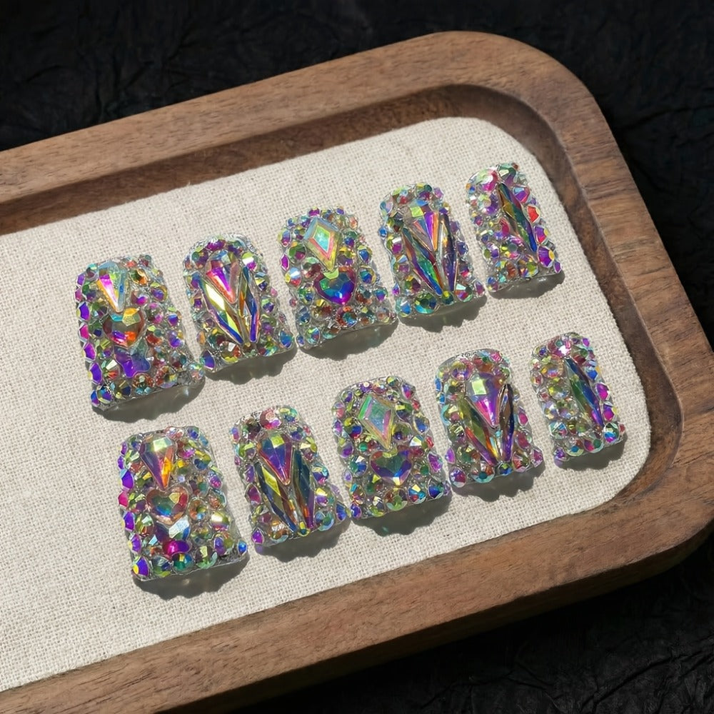 Short Duckbill Press On Nails 10pcs Handmade AB Crystal Colorful Diamond Glossy – Reusable Non-Toxic Salon Quality Spring Summer Nail Art Set with Gel Adhesive Tabs S M L for Women - product image 7