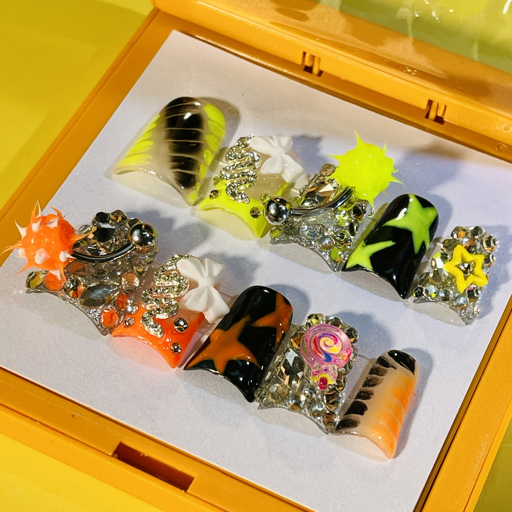 Y2K Duckbill Press On Nails Handmade 3D Charm – Nightmare Eye Barbell Rhinestone Strobe Gradient Star False Nails for Women Girls | Edgy Festival Party Nail Art | S M L Sizes Pink  - product image 7