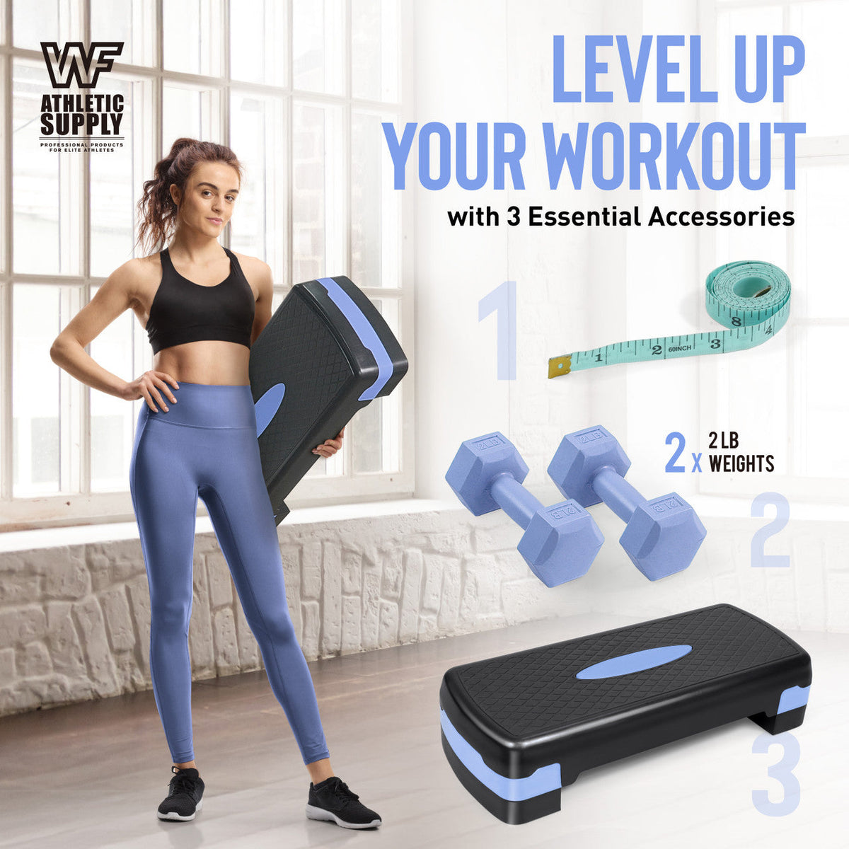 Aerobic Stepper Set with 2 Dumbbells & Measuring Tape | Blue Black Pink Green | Adjustable Height Exercise Step Platform with Level Risers for Cardio, Step - product image 2