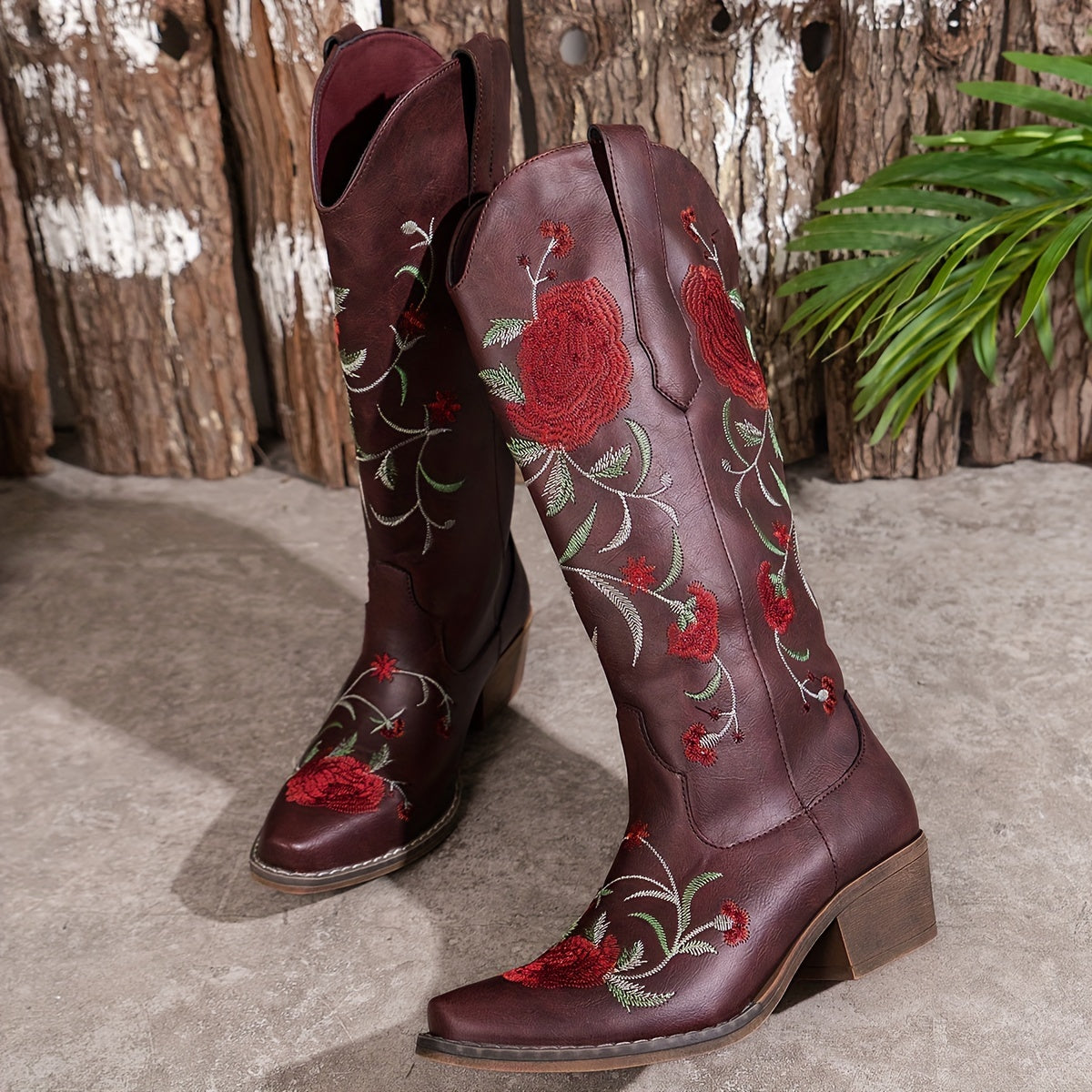 Women's Vintage Floral Embroidered Western Cowboy Boots - Slip-On Mid-Heel Square Toe, Faux Cover Upper & TPR Sole, All-Season Casual Cowgirl Boots with Fabric - product image 11