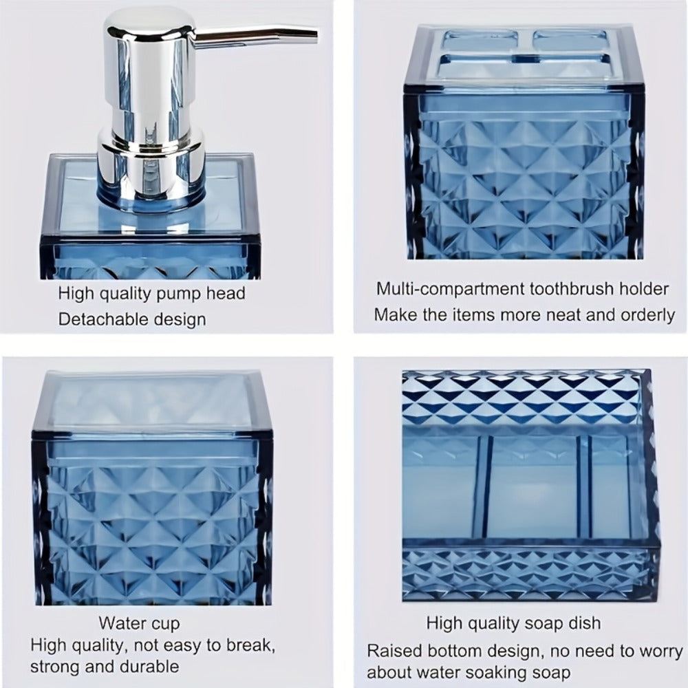 Bathroom Accessories Set 4-Piece Diamond Grid Plastic Organizer Soap Dispenser Toothbrush Holder Grey Blue Green - product image 5