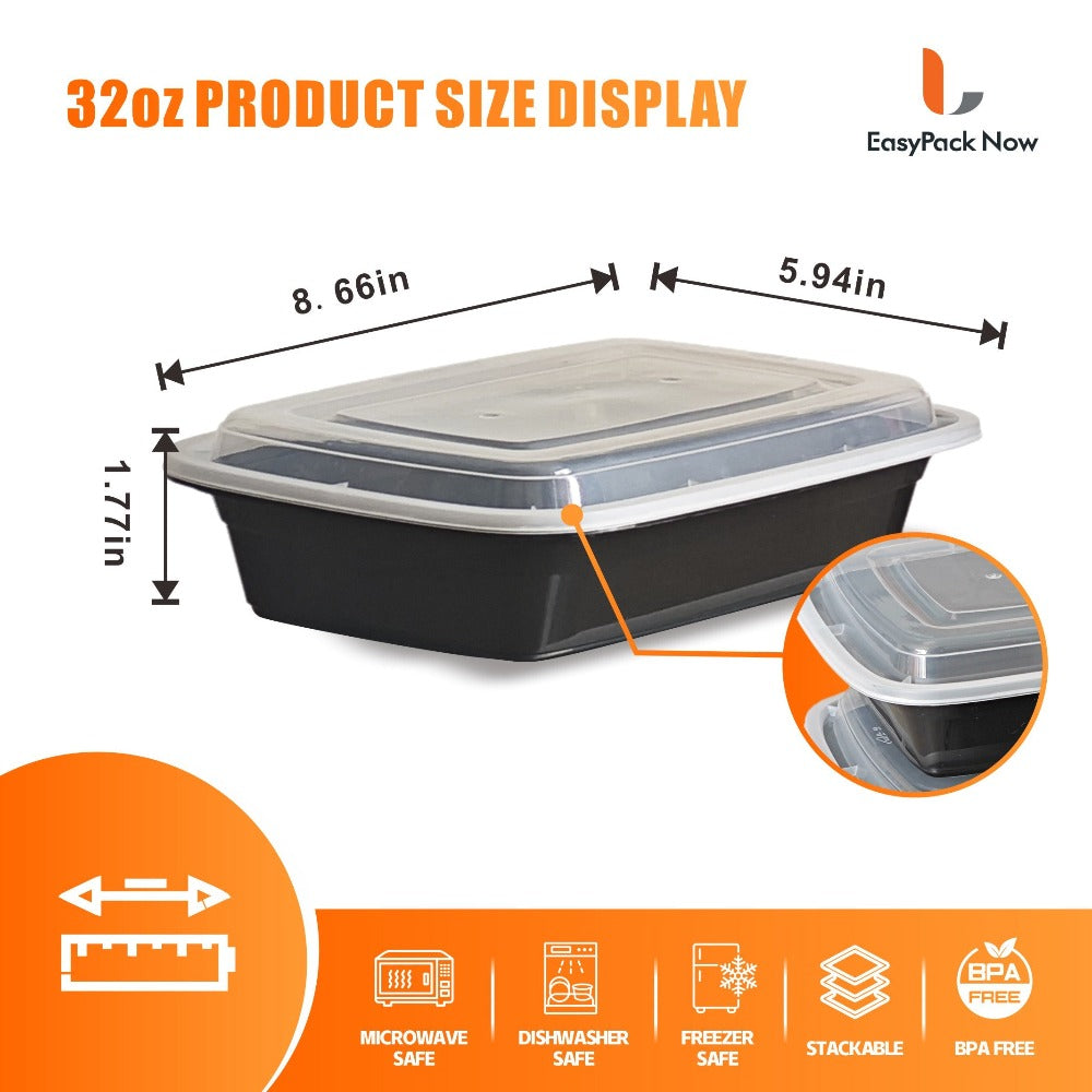 Meal Prep Containers 32oz 100 Pack – Black Stackable Leakproof Food Storage Set (50 Containers + 50 Lids), BPA-Free, Microwave & Dishwasher Safe, for Food Truck, Catering, Office L - product image 4
