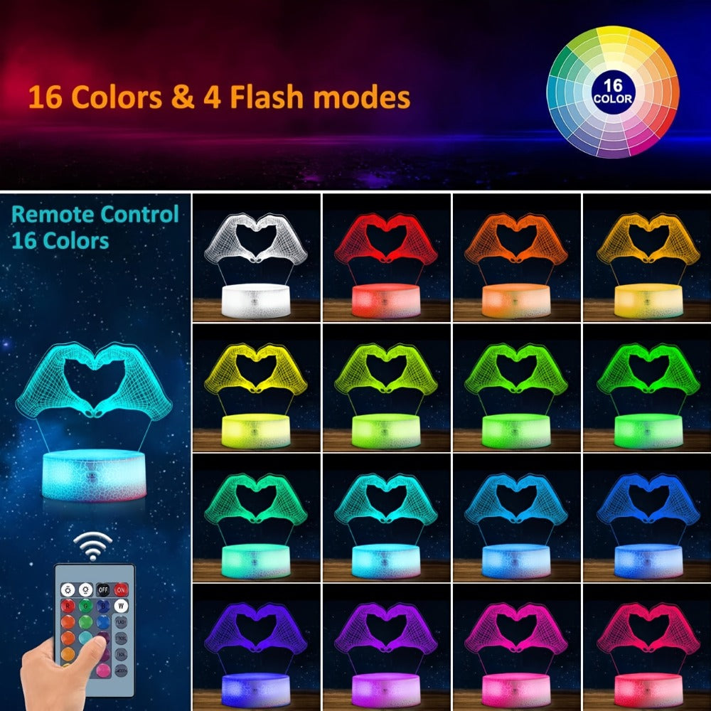 3D Heart Hands LED Night Light 16 Color Changing Optical Illusion Lamp Touch Remote Control Dimmable Bedside Table Lamp for Bedroom Valentine Gift Birthday Housewarming - product image 2