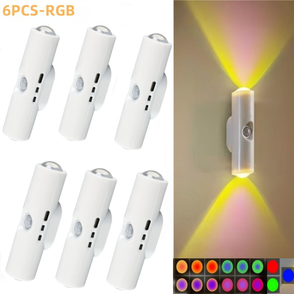 Cat Eye LED Wall Light Motion Sensor – 6 Pack USB Rechargeable Night Lamp, 3 Color Settings, Wireless Auto Sensing No Wiring for Bedroom Stairs Closet Bathroom Hallway (RGB / Three - product image 2