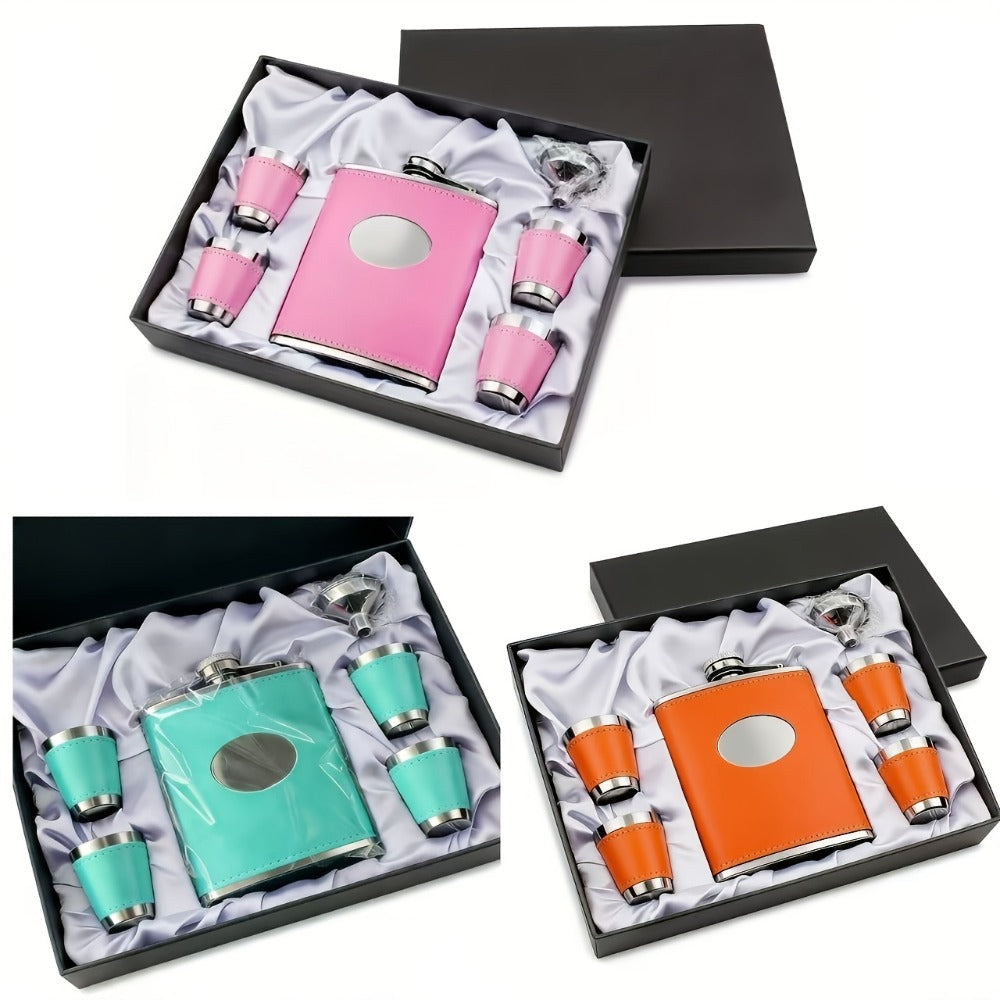 Flask Set for Women 6oz Leather Wrapped Stainless Steel Hip Flask Gift Set with 4 Cups and Funnel Pink Orange Blue Holiday Christmas Valentine Gift for Girlfriend Mom - product image