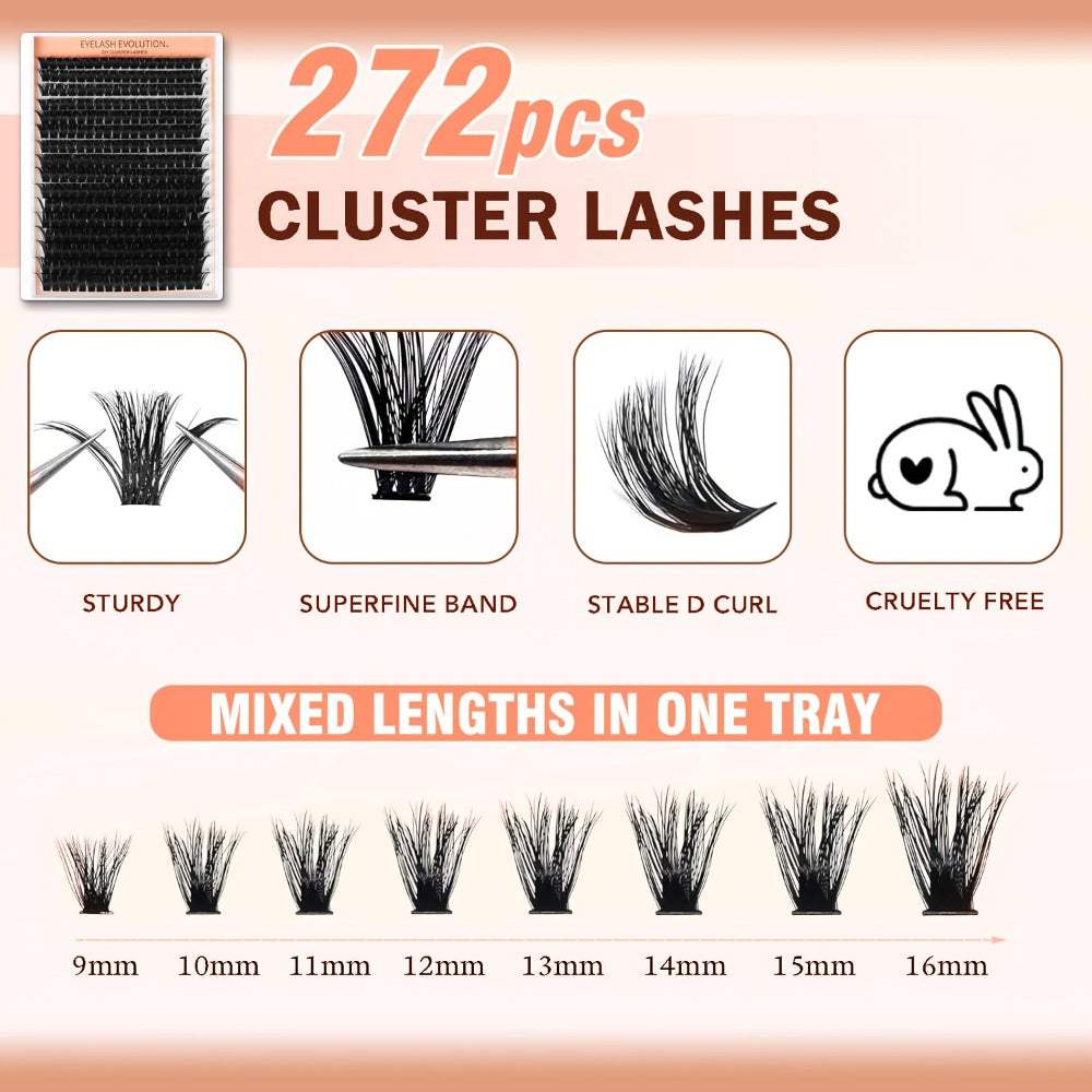 272Pcs D Curl Lash Clusters — 100D Thick Individual Eyelash Extensions 8-16mm, Soft Reusable DIY Cluster Lashes with Plant-Based Squalane, Voluminous Full-Body Lash Extension Kit f - product image 3