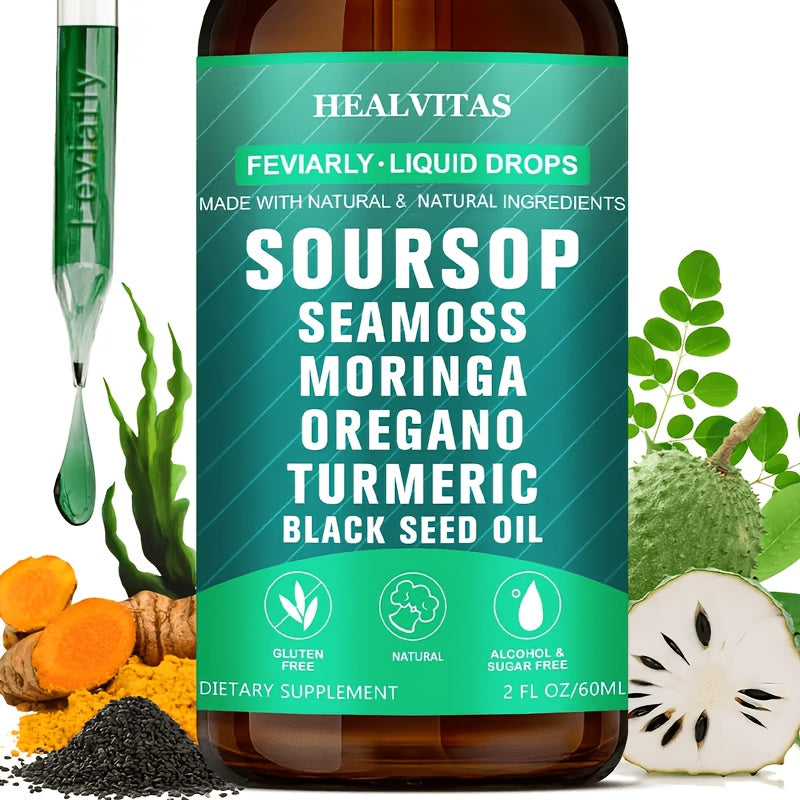 Soursop Bitters Liquid Drops 10-in-1 with Sea Moss Ashwagandha Moringa Turmeric Black Seed Oil — Plant-Based Immune & Energy Herbal Extract | Sugar-Free | 2.03 fl oz - product image 12