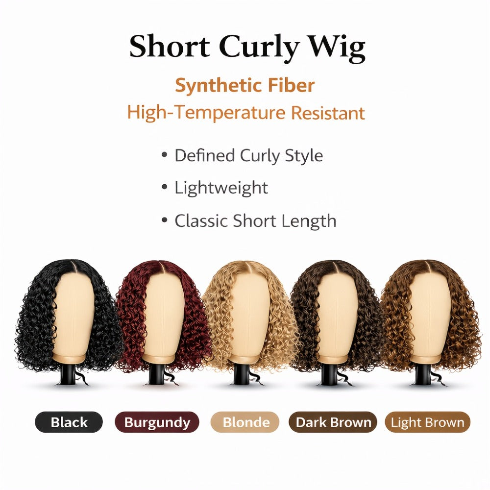 Glueless Deep Wave Curly Bob Wig with Rose Net Cap 14 Inch No Glue Secure Fit Short Curly Synthetic Wig for Women Burgundy Golden Dark Brown Light Brown - product image 11