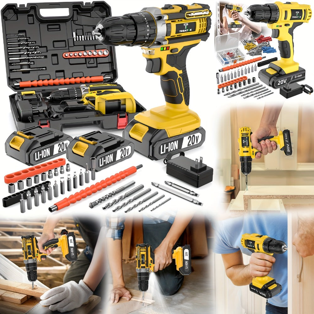 20V Cordless Drill Set Impact Power Drill 3/8 Inch Keyless Chuck 18+3 Clutch 45Nm Max Torque 2-Speed Work Light 2.0Ah Battery Fast Charger 136 148 PCS Kit - product image