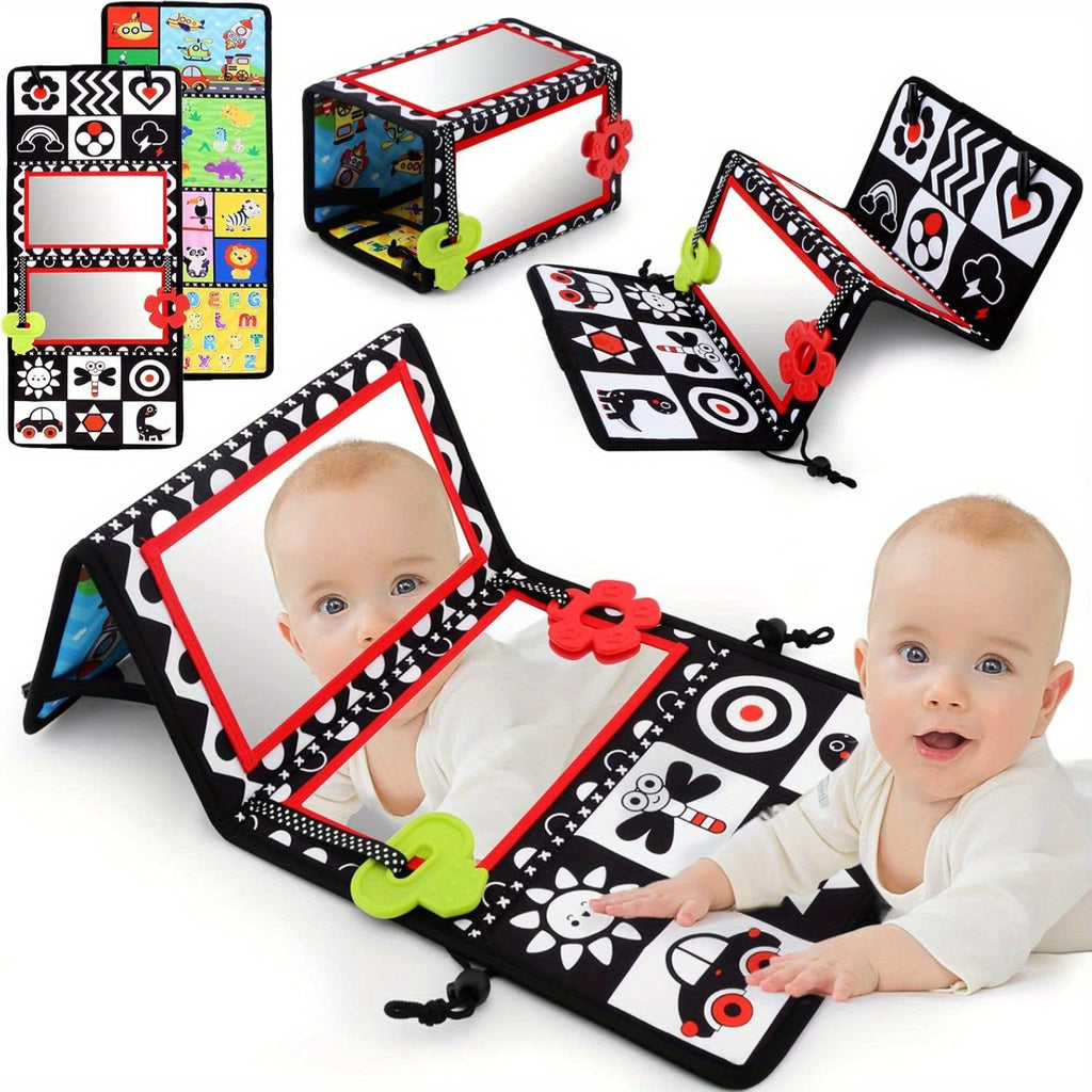 Double-Sided Tummy Time Floor Mirror with Teethers - Black & White High Contrast Baby Toys for Sensory Development, Crawling Aid with Interactive Animal & Geometric Patterns
