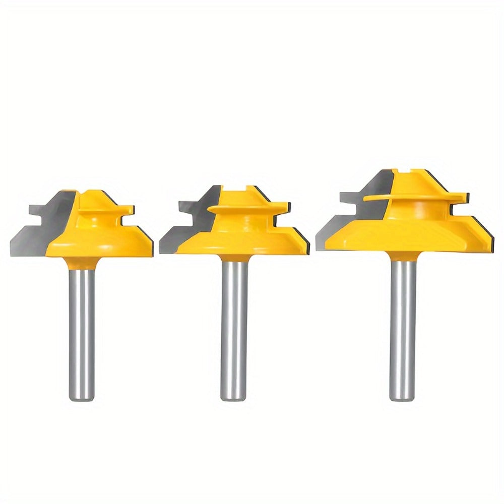 Locking Miter Router Bit Set 3 Piece 45 Degree 1/4 Inch Shank Carbide Woodworking Joinery Box Joint Corner Bits for Router Table - product image