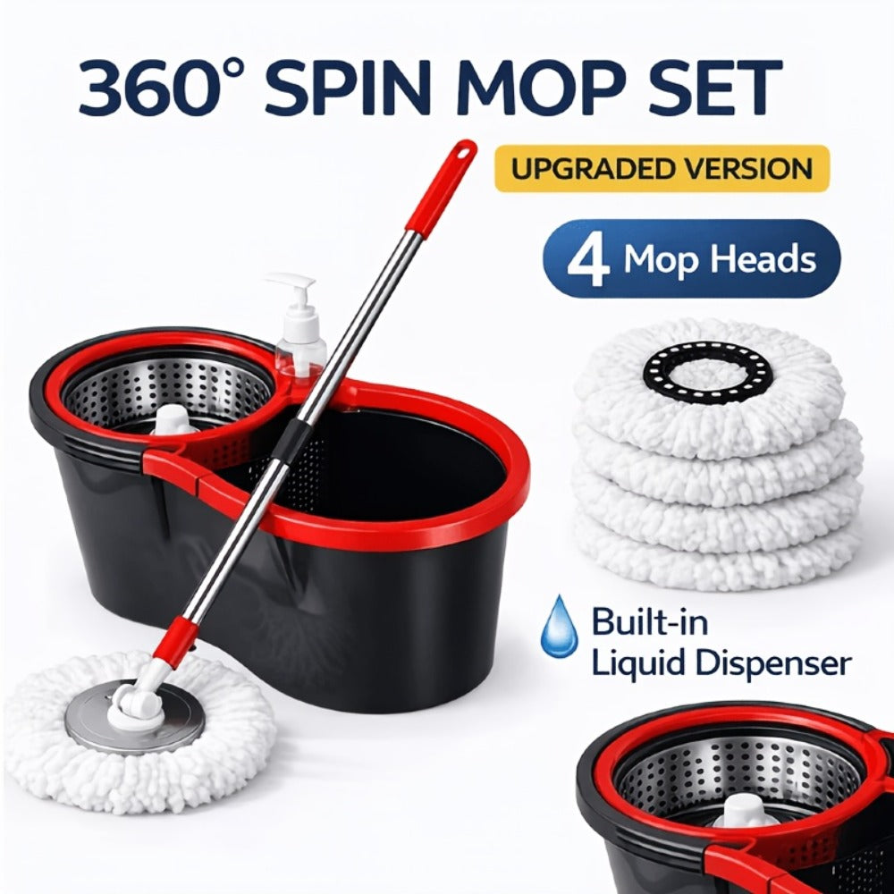 Spin Mop and Bucket Set 360° with 4 Microfiber Mop Heads – Wringer Bucket Floor Cleaning Kit for Hardwood Tile Laminate – Spinning Mop System Home Kitchen - product image