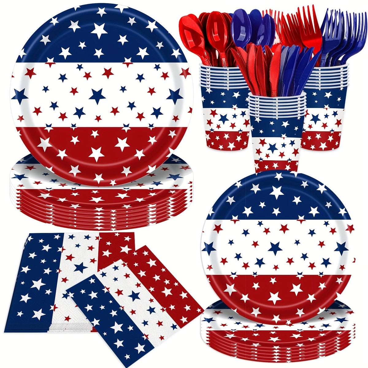 Patriotic Disposable Paper Plates & Napkins for Independence Day BBQ, Memorial Day & Red White Blue Party Decorations Serves 20 Guests – 4th of July Party Supplies 140 Pcs