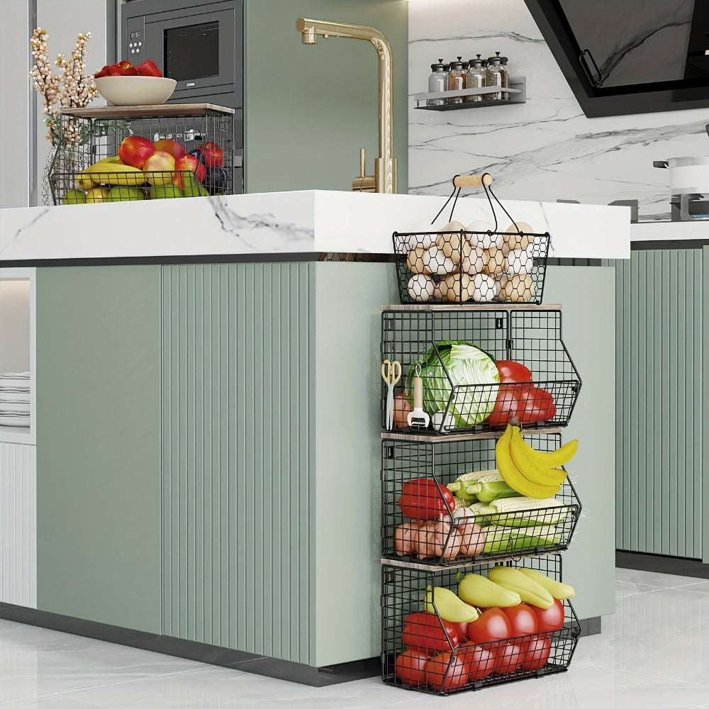 Stackable Metal Wire Fruit Basket with Lid – 1 or 2-Tier Hanging Kitchen Pantry Storage Bin, Wall-Mounted or Countertop Vegetable Organizer for Potato, Onion & Produce, Black - product image 7