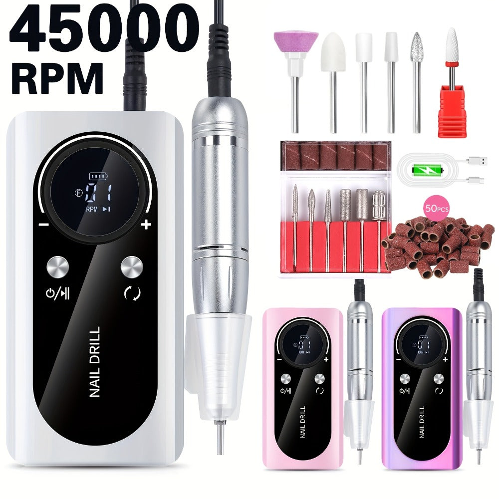 Low Noise Nail Drill Machine 45000RPM Rechargeable with LCD Display — Quiet Electric E-File for Gel Polish Acrylic Natural Nails, Professional Cordless Nail Sander for Home & Salon - product image