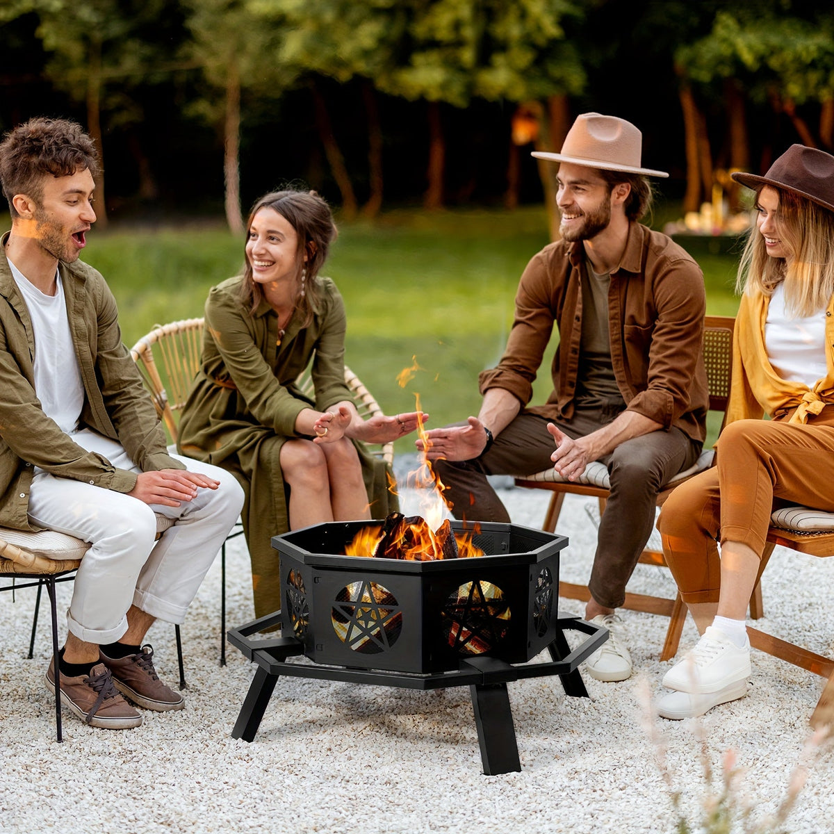 Square Fire Pit Table 32 Inch Metal Wood Burning Outdoor Fire Pit with Mesh Lid, Poker & Tabletop for Backyard Patio Garden Gatherings - product image 2