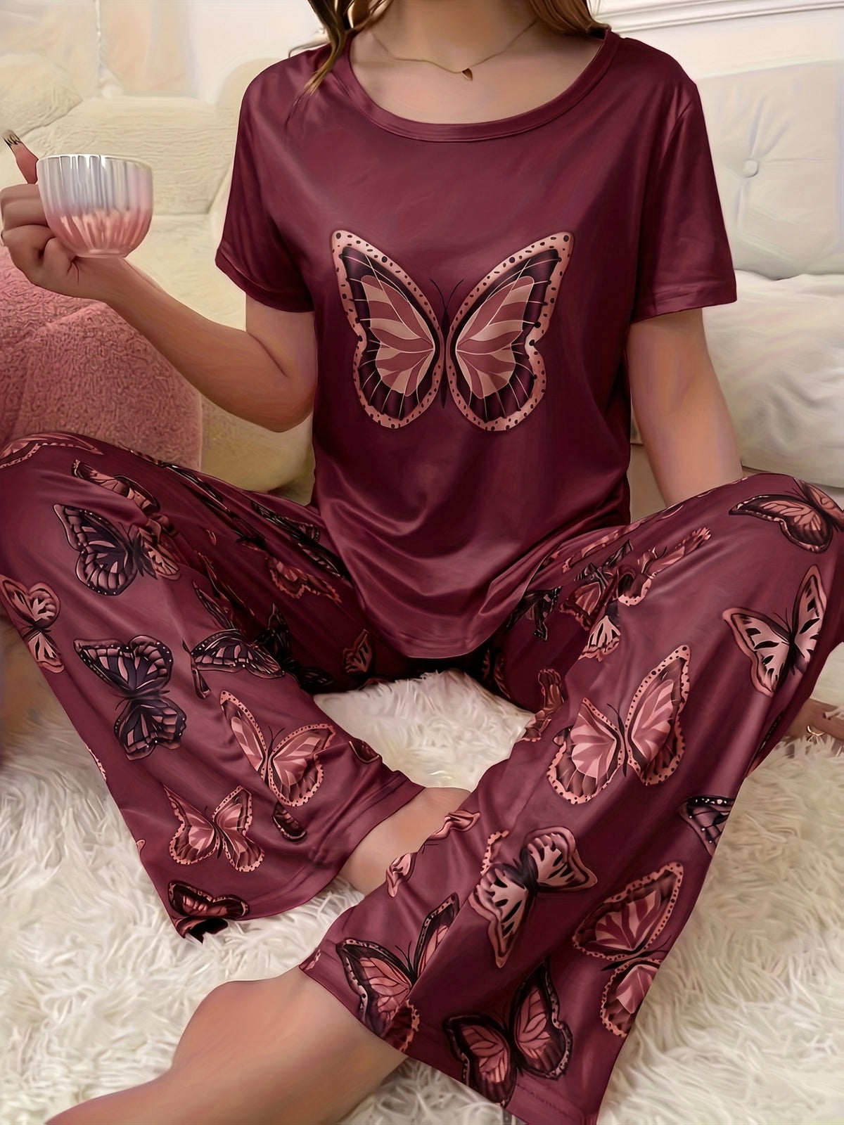 2pcs Women's Pajama Set With Butterfly Pattern Top and Pants - product image 3