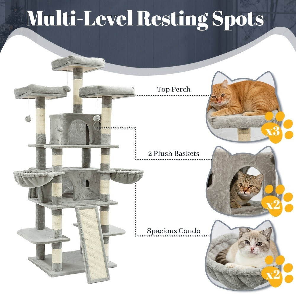 Large Multi-Level Cat Tree Tower – 68 – 81 Inch Tall Cat Condo with 2 Condos, 3 Plush Perches, Scratching Posts & Cat Hair Brush - product image 17