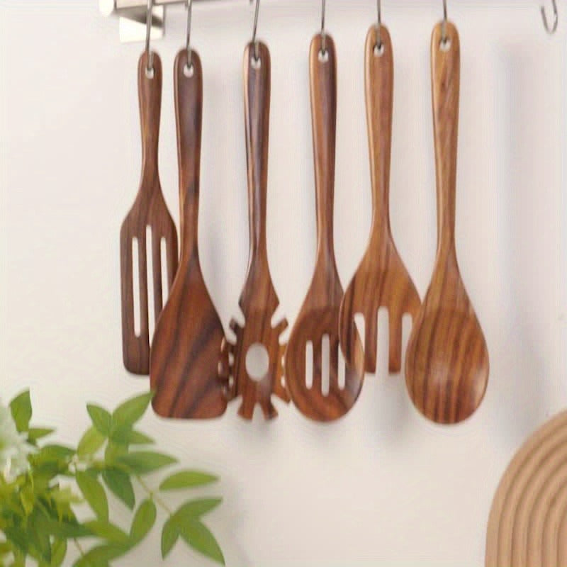 Wooden Cooking Utensils Set 6 Piece – Teak Wood Non-Stick Kitchen Tools with Comfortable Grip – Sturdy, Lightweight & Heat-Resistant Utensils for Indoor & Outdoor Cooking