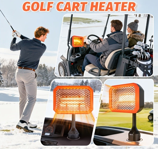 400W Electric Golf Cart Heater Carbon Fiber Fast Heating 360° Adjustable Angle Battery Powered Carry-along Heater with Cup Holder Adapter Compatible with 48V Golf Cart Systems Golf Cart Accessories