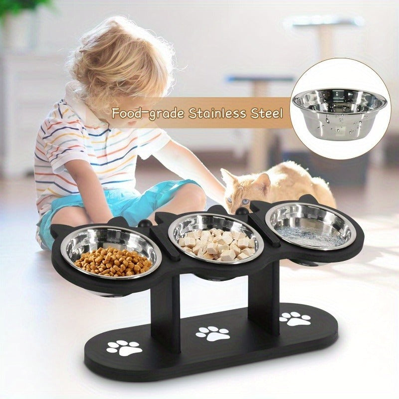 Elevated Cat Bowl Stand with Tilted Stainless Steel Bowls | Adjustable Raised Feeder, Anti-Spill, Black Wood Base for Cats & Small Dogs - product image 10