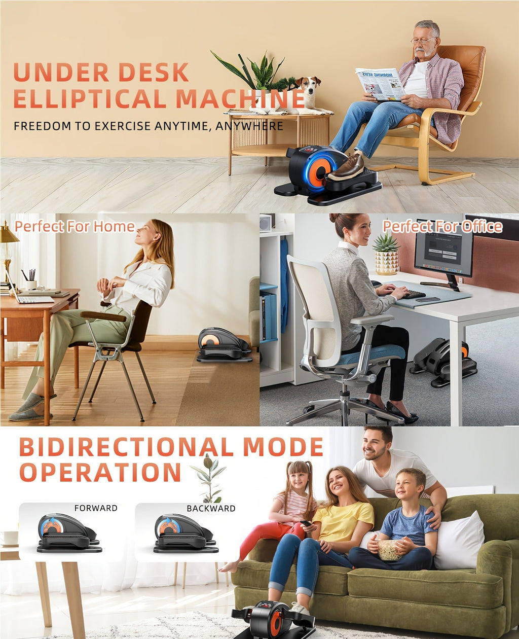 Under Desk Elliptical Machine Fully Assembled Quiet Carry-along Seated Pedal Exerciser with Remote Control 12 Adjustable Speeds for Home Office Workout Low - product image 4
