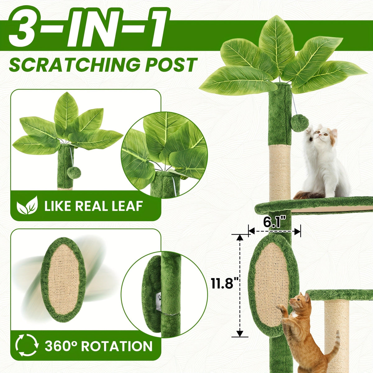 Cat Furniture for Living Room – Cat Tree 55" Large Multi-Level Cat Tower for Indoor Cats with Green Leaves, Hammock, Sisal Scratching Posts & Hanging Ball Toy - product image 14