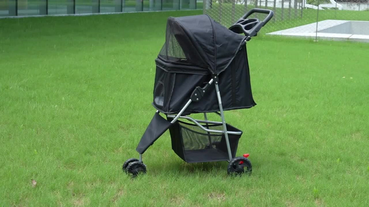 Foldable Jogger Stroller with Weather Cover, Storage Basket & Cup Holder, Breathable Mesh Window, All-Season Outdoor Walk Pram, Black | 3-Wheel Pet Stroller - product image 4