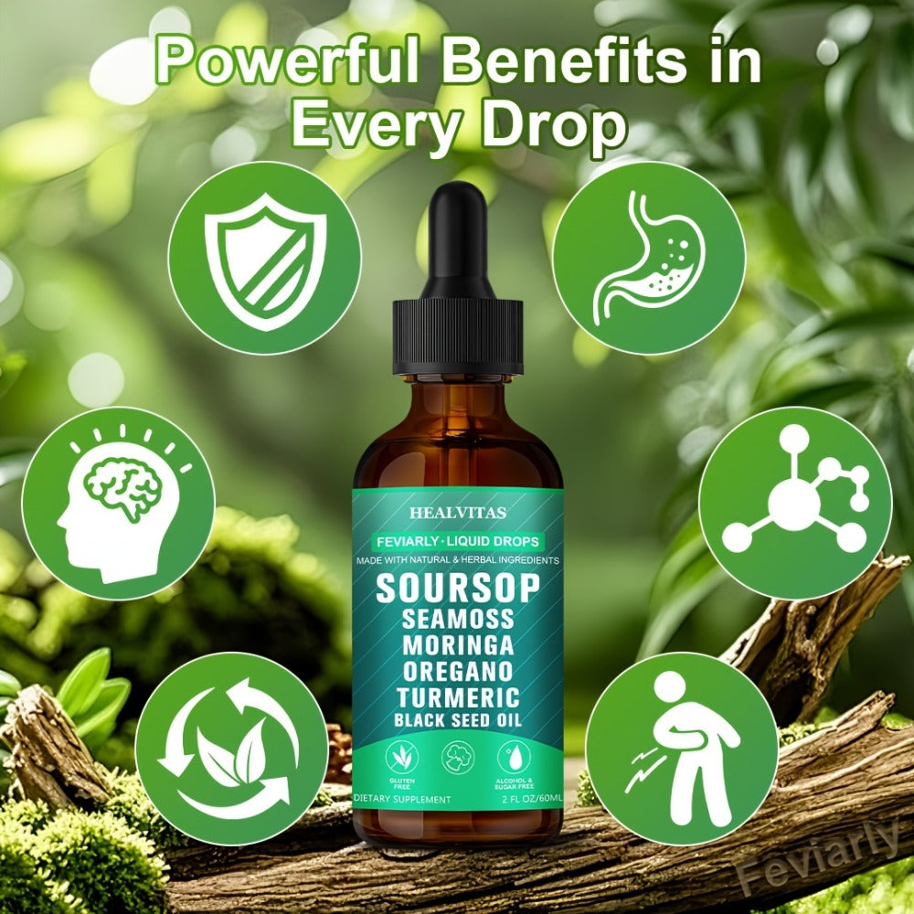 Soursop Bitters Liquid Drops 10-in-1 with Sea Moss Ashwagandha Moringa Turmeric Black Seed Oil — Plant-Based Immune & Energy Herbal Extract | Sugar-Free | 2.03 fl oz - product image 3