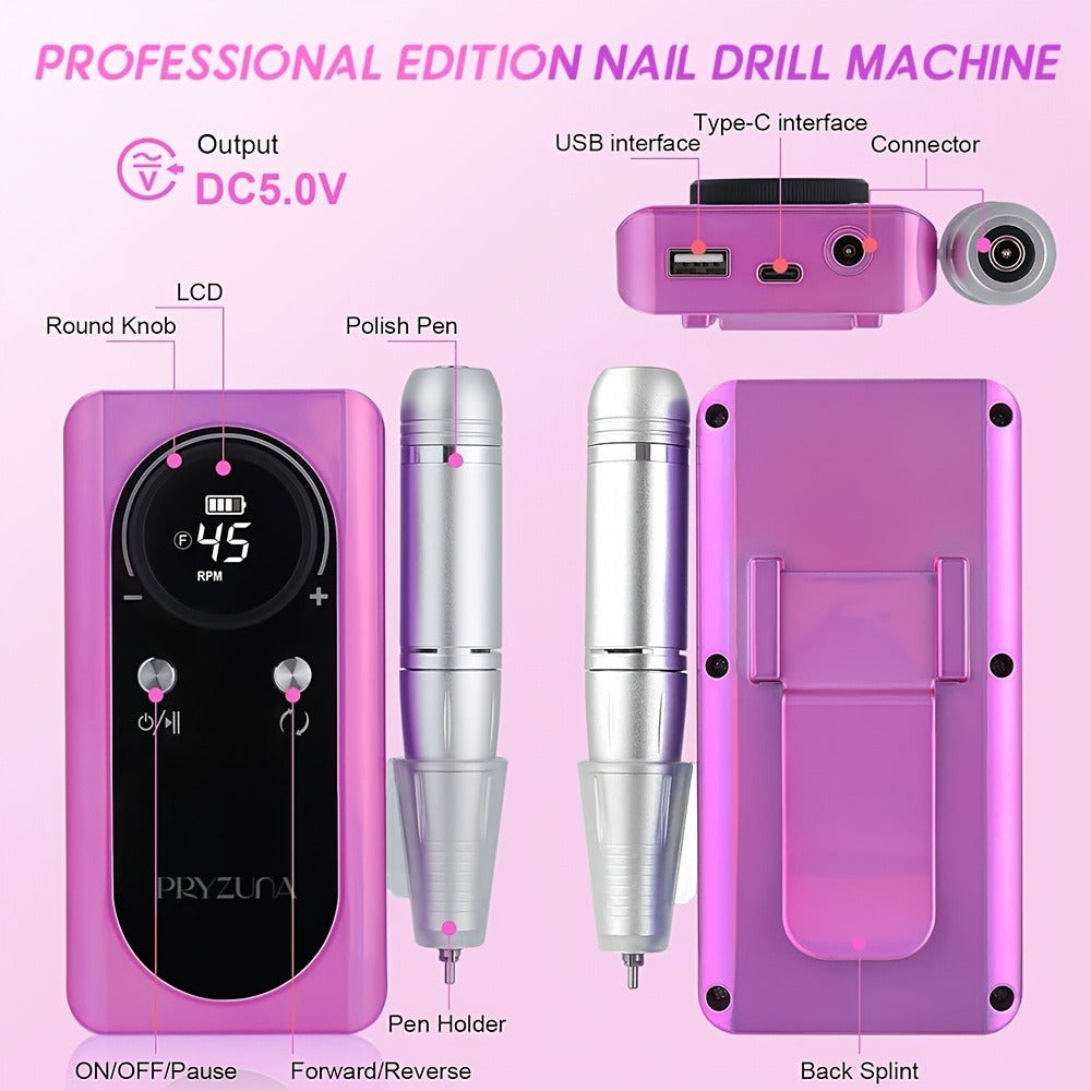 Nail Drill Machine 45000 RPM Brushless Motor 10-Hour Battery Electric Nail File with LCD Smart Screen 6 Drill Bits 6 Sanding Bands – Forward Reverse Low Noise Nail Grinder for Gel  - product image 6