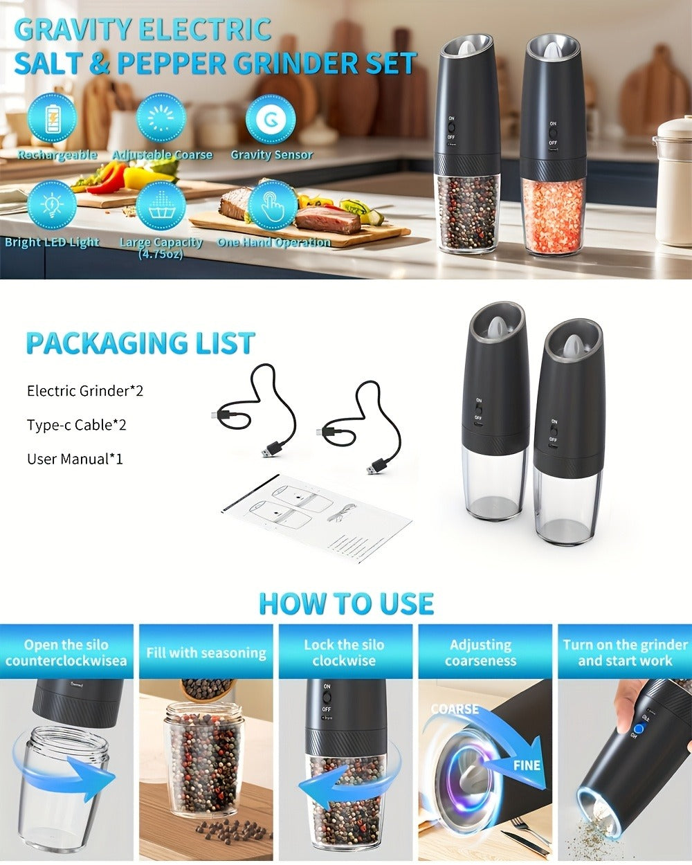 Electric Salt and Pepper Grinder Gravity Sensing USB Rechargeable with LED Light, One-Hand Operation Automatic Pepper Mill Adjustable Coarseness, Battery or Type-C Powered Kitchen  - product image 13