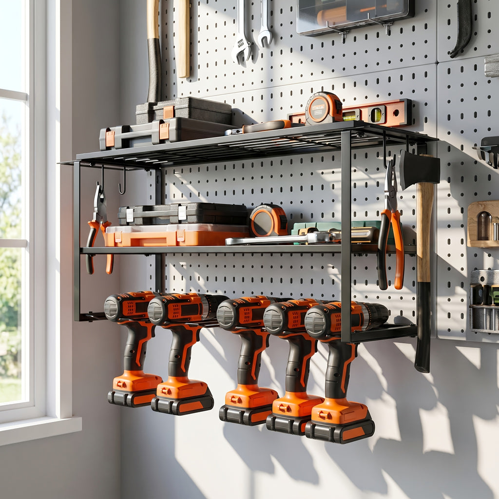 Power Tools Storage Rack, Wall Mount-150 Lb. (68 Kg) Load Bearing 3-story Storage Rack With 7 Bit Holders For Drilling Cordless Tools, Heavy-duty Iron Garage - product image