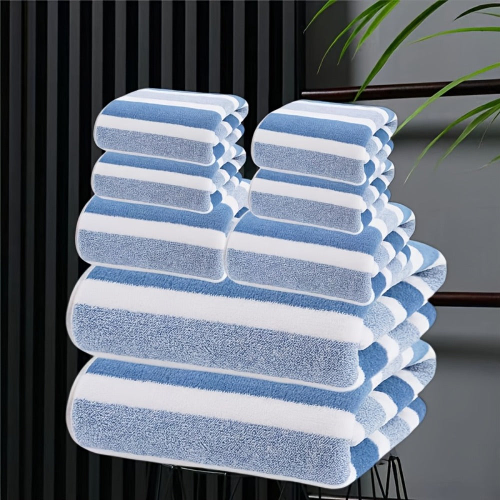 Towel Set 8 Piece Two-Color Striped - Super Absorbent Soft No Hair Loss Bath Towel Combo | 2 Bath Towels 2 Face Towels 4 Hand Towels | Grey Red Blue Green | Bathroom Family Hotel S - product image 6