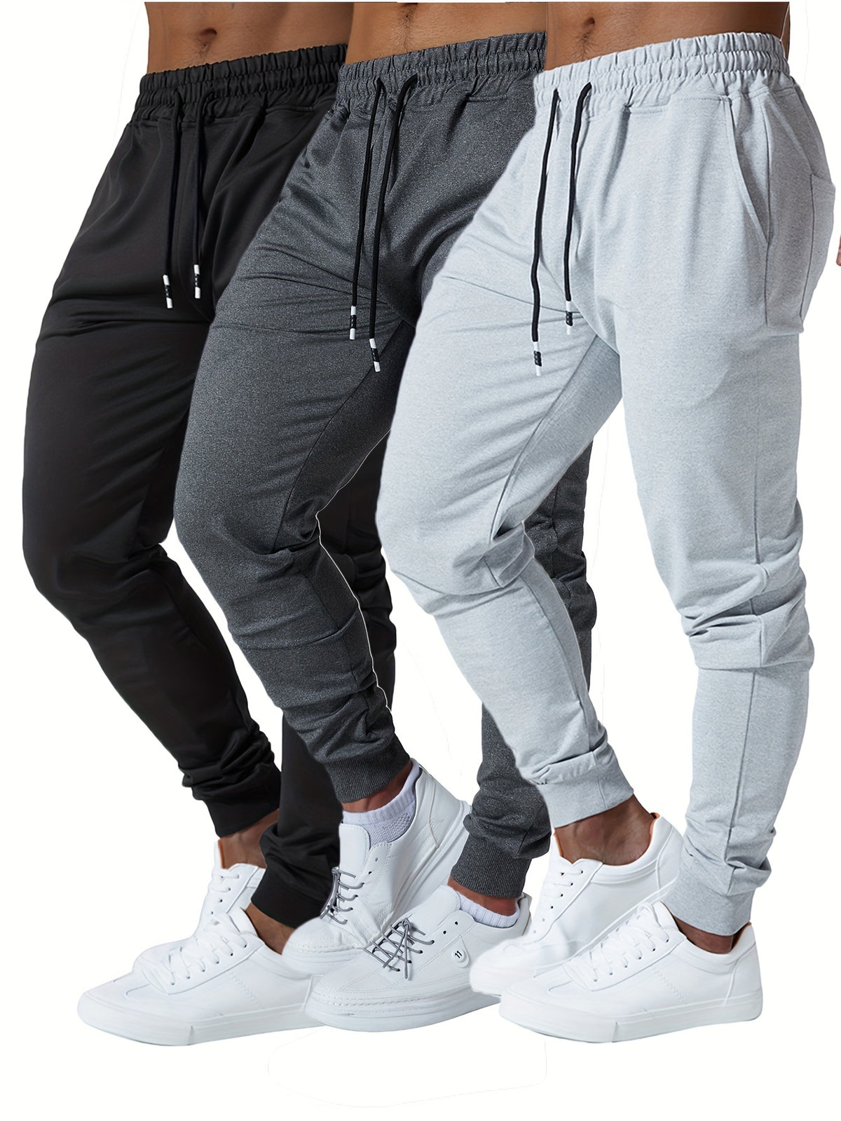 3pcs Men's Jogger Sweatpants - Ultra-Elastic Gym Pants with Deep Side Pockets, Mid-Rise Athletic Workout Bottoms, Solid Color Casual & Training Wear - product image 7