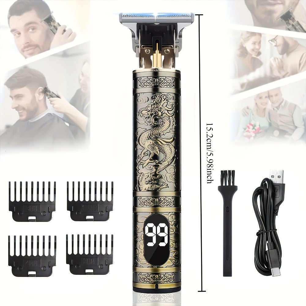 LED Hair Trimmer for Men - T-Blade USB Rechargeable 2000mAh, Vintage Dragon & Mustache Design, 4 Guide Combs, Cordless Precision Grooming, Holiday Gift for Him - product image 8