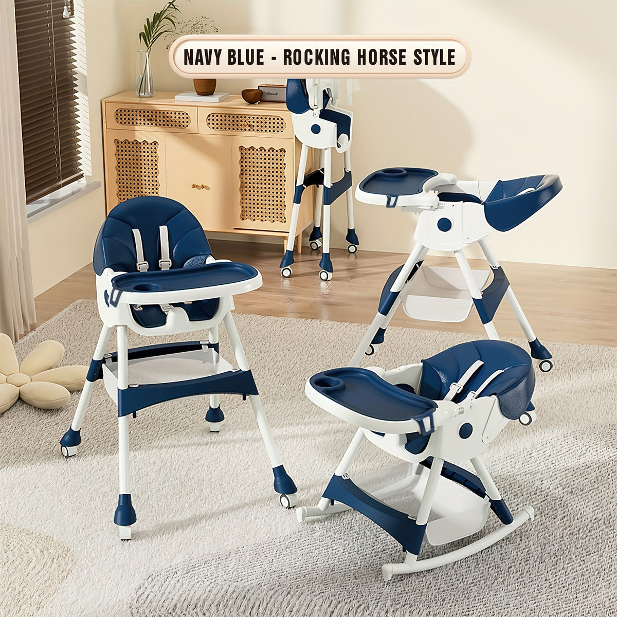 1 Adjustable Children's Dining Chair - Multifunctional, Portable, PU Leather, Blue And White Pattern, 5-point Seat Belt, with Tray Attached, Perfect for Home Use