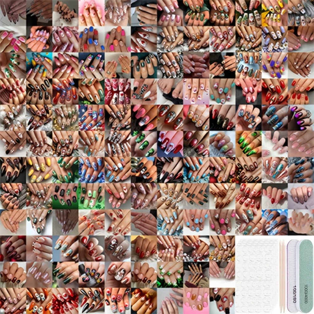 Fake Nails 375 Pieces Complete Kit – 360pcs Press On Nails + Bracelet + 14 Nail Art Tools | Almond Square Short Medium Glossy Gel Polish Pastel Neon Glitter Holographic Marble Flor - product image 7