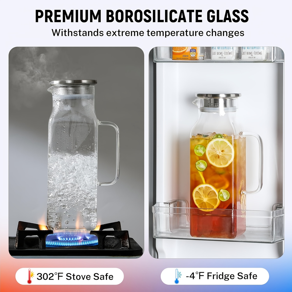 Glass Pitcher with Lid & Handle 68oz – Square Borosilicate Water Jug for Fridge – Heat Resistant Iced Tea Carafe, Cold Brew Coffee Server & Beverage Pitcher - product image 6