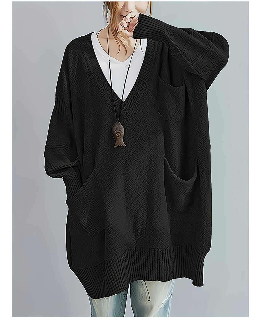 Plus Size, Women's Plus Size Oversized V-Neck Longline Sweater - Soft Machine-Washable Black Pullover for Fall Winter, Elegant Loose Fit Casual Chic Wardrobe - product image 25