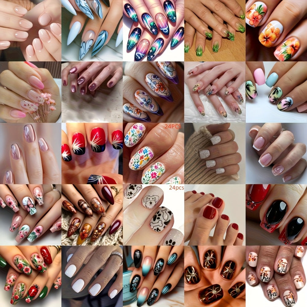 Rhinestone Press On Nails 216 Pieces 9 Sets Random Mixed Color – Glossy Full Cover Middle Length False Nails for Women Girls | Glamorous Holiday Christmas Party Nail Art Kit - product image 6