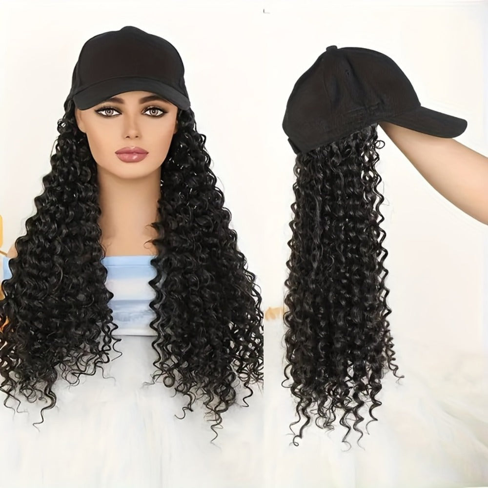 Afro Kinky Curly Baseball Cap Wig for Women 18 Inch Hat and Wig Combo Adjustable Elastic Net Long Synthetic Curly Hair Multi-Color Casual Daily Outdoor Wear - product image 2