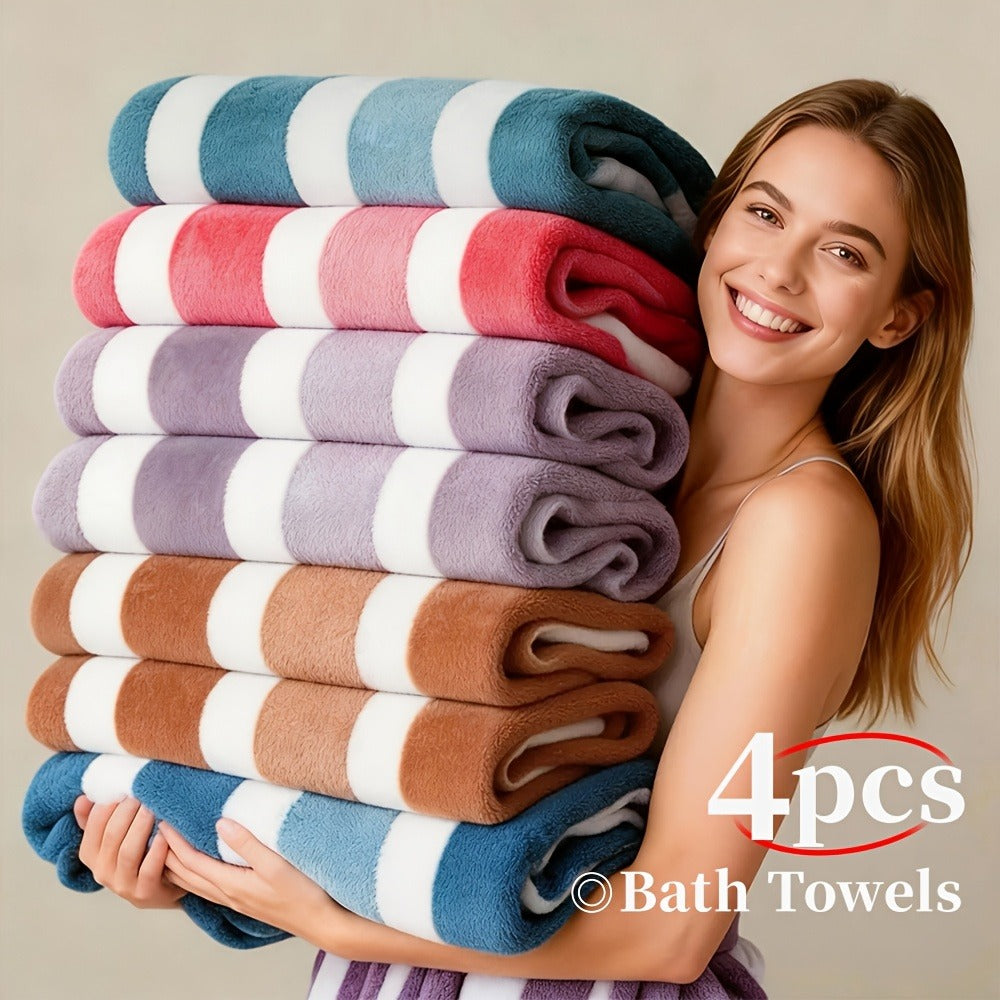 Microfiber Bath Towel Set No Hair Loss - Ultra Soft Highly Absorbent Quick Dry Two-Color Striped | 1 or 4 Pack | 27x55in | Slate Gray Berry Red Pine Green Multi | Beach Spa Gym Hom - product image