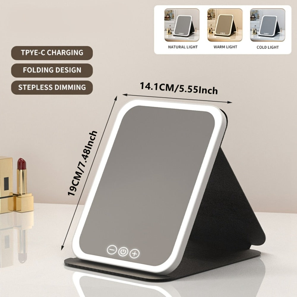 Portable LED Makeup Mirror Folding with Touch Screen - USB Rechargeable Vanity Mirror, Tri-Color Dimmable Lighting, Travel Desk Tabletop, Square or Round Shape, Pink or White, Cord - product image 19